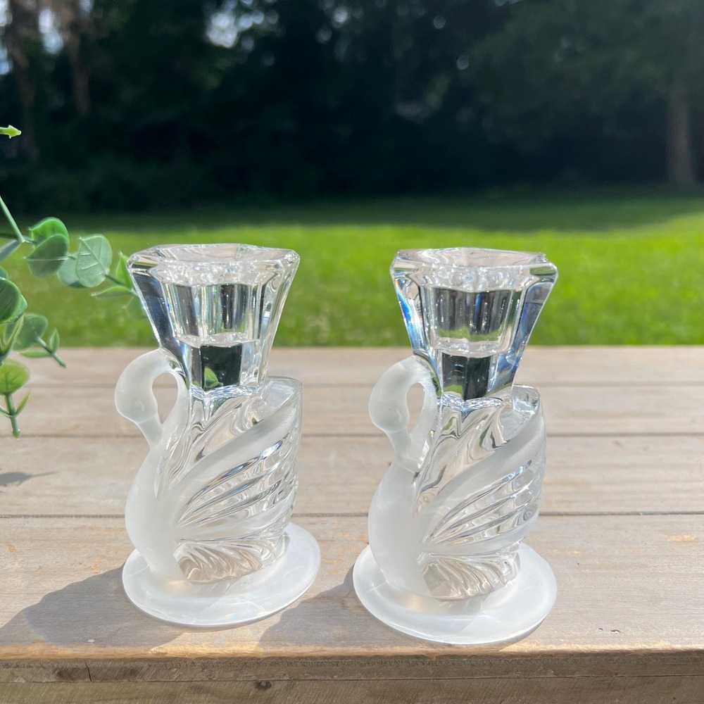 Swan Crystal Frosted Glass Candlestick Holders | Set of 2